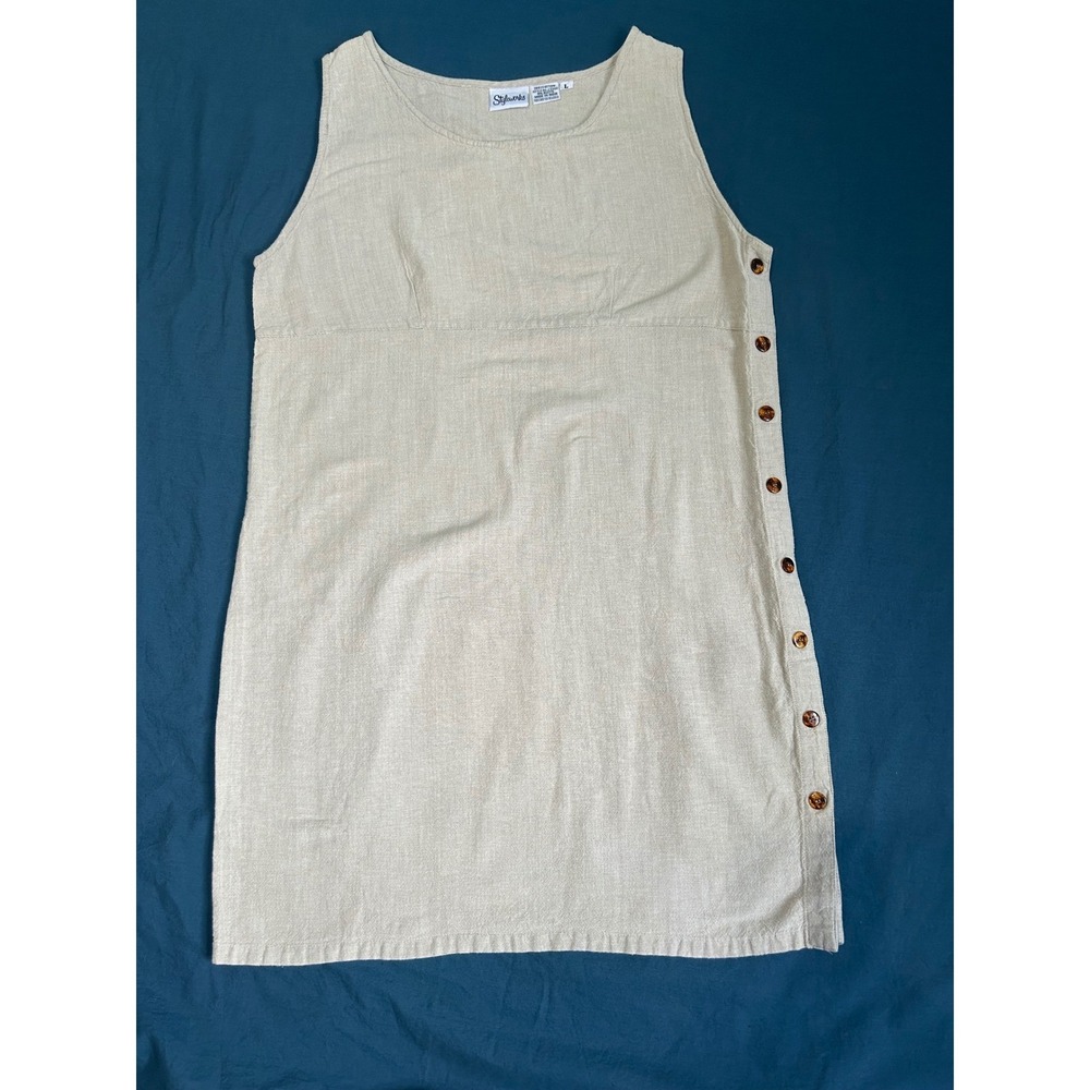 Styleworks Womens Beige Cotton Sleeveless Side Button coastal, quiet, luxury LG‎